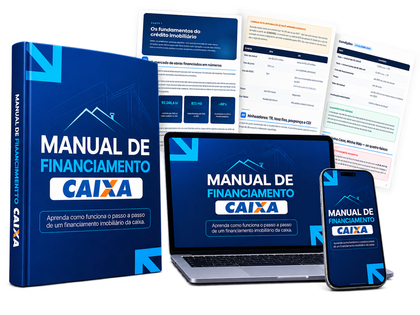 Manual de Financiamento Caixa em livro, notebook e celular